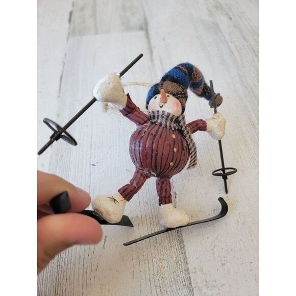 Rustic snowman skier skiing ornament Xmas hat bell - Picture 5 of 8